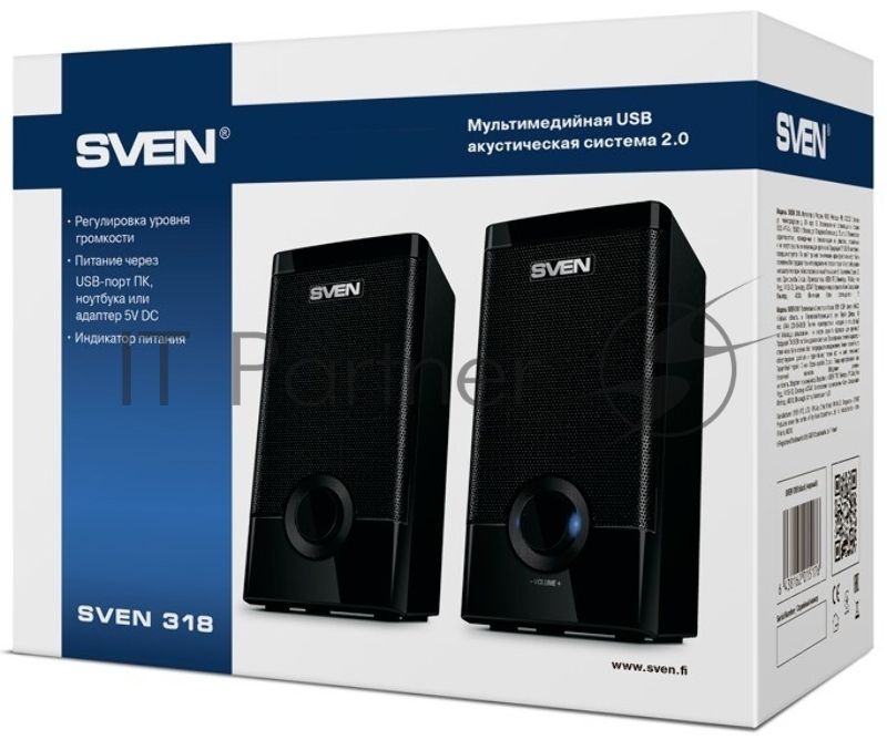 Колонки SVEN 318 черный USB-порт ПК, ноутбука или адаптер 5V DC