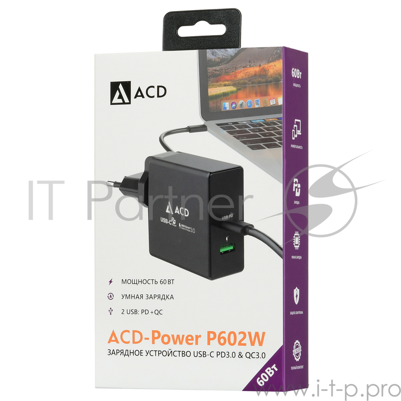 Сетевое зарядное устройство ACD-P602W-V1B 60Вт, 2xUSB 1PD+1QC, 3.6~20В/3А RTL