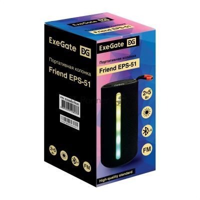 Портативная BT-колонка ExeGate Friend EPS-51 (2*5Вт, 50-20000Гц, Bluetooth, с поддержкой USB и TF/microSD карт, FM, Li-Ion 1200mAh, цвет черный, RGB подсветка, зарядка USB Type-C, Color Box)