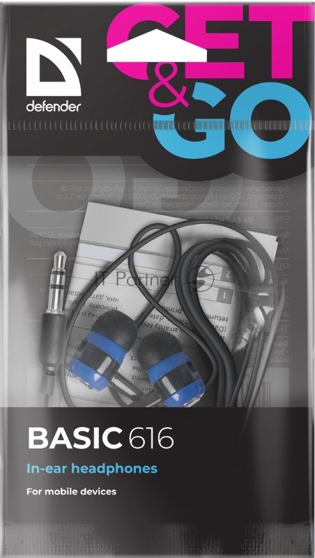 Проводные наушники Defender Basic 616 черный/синий, внутриканальные, Jack 3.5 мм