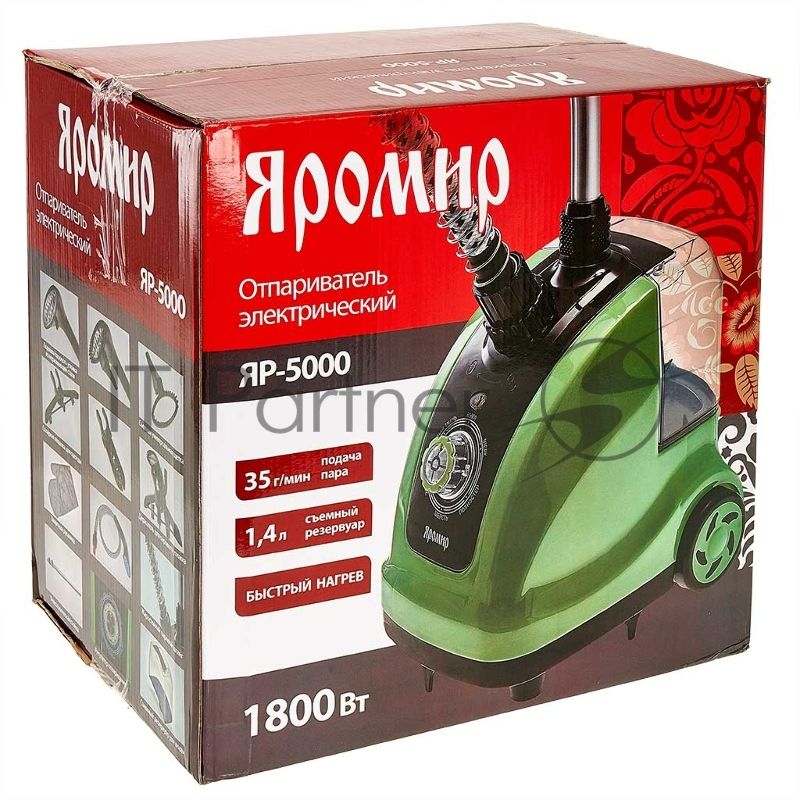 Отпариватель ЯРОМИР ЯР-5000 зеленый/черный, 1800 Вт, 35 г/мин, 1400 мл