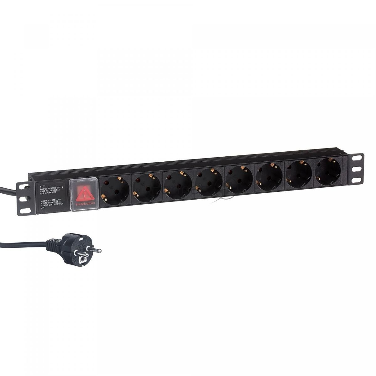Блок розеток горизонтальный ExeGate ServerPro PDU-19H802 Al-8S-EU1.8-SW, 19", 1U, Алюминий, 8 Schuko, кабель с евровилкой VDE-250V-16A-3*1.5мм2, 1.8 метра, выкл. с подсветкой, черный