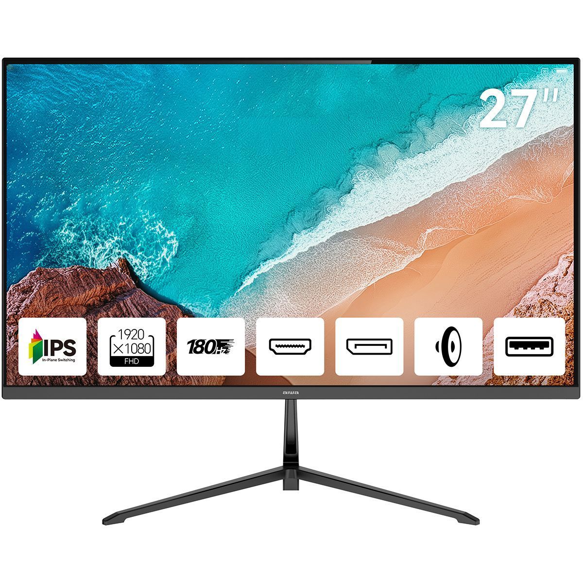 Монитор 27" Aiwa MD2712 IPS 1920x1080, 180 Гц, 1 мс, 16:9, 300 кд/м², 2xHDMI 2.0, DP 1.2, 3.5 Jack, USB Hub (1x USB), динамики (2x2 Вт), HDR10, FreeSync, G-Sync, черный