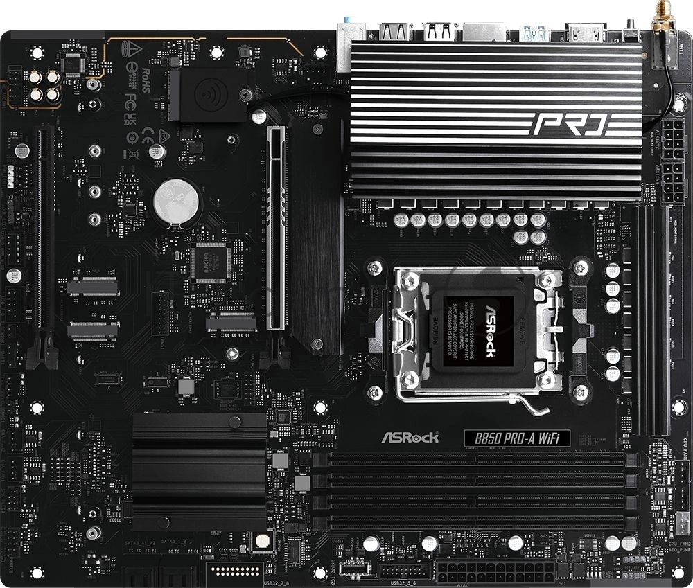 Материнская плата ASRock B850 Pro-A WiFi, AM5, AMD B850, 4xDDR5, 4xSATA, 4xM.2, 1xPCIe 5.0 x16, HDMI, USB Type-C, 1x2.5Gb LAN, Wi-Fi 6E, Bluetooth, 3x3.5 мм, 7.1, ATX