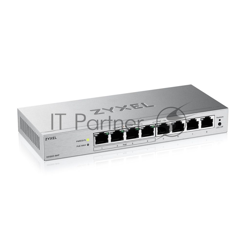 Коммутатор ZYXEL GS1200-8HPV3-EU0101F, 8×1 Гбит/с, 4×PoE+, 68 Вт, управляемый