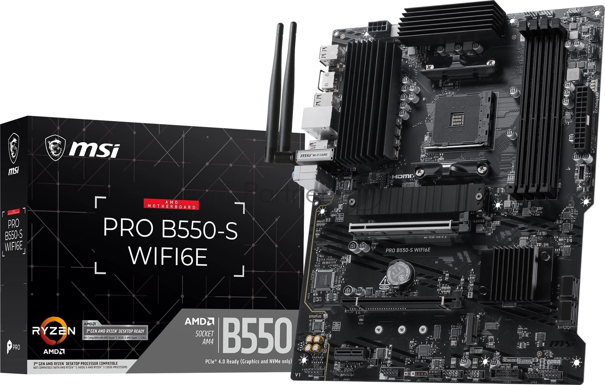 Материнская плата MSI PRO B550-S WIFI6E, AM4, AMD B550, 4xDDR4, 4xSATA, 2xM.2 PCIe, 1xHDMI, 1x 1Gb LAN, 8xUSB (4xUSB 2.0, 2xUSB 3.2 Gen1, 1xUSB 3.2 Gen2 Type-A, 1xUSB 3.2 Gen2 Type-C), 3x3.5 мм, 7.1, ATX