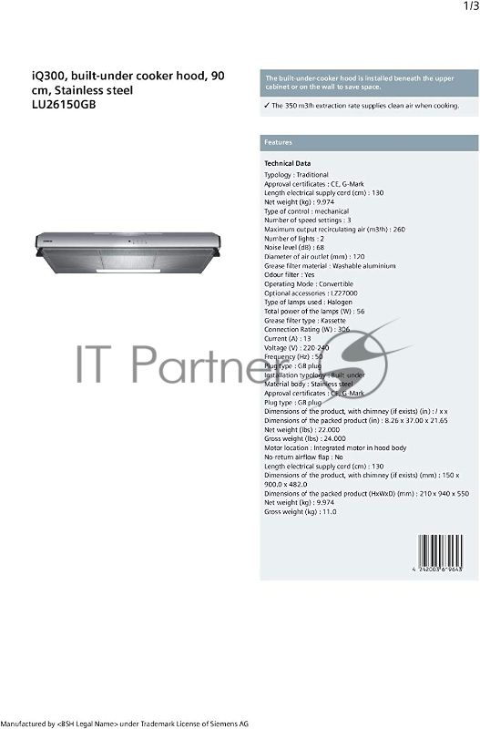 Вытяжка для настенного монтажа Siemens iQ300 LU26150Gb нержавеющая сталь, 90 см, 350 куб. м/ч, 70 дБ