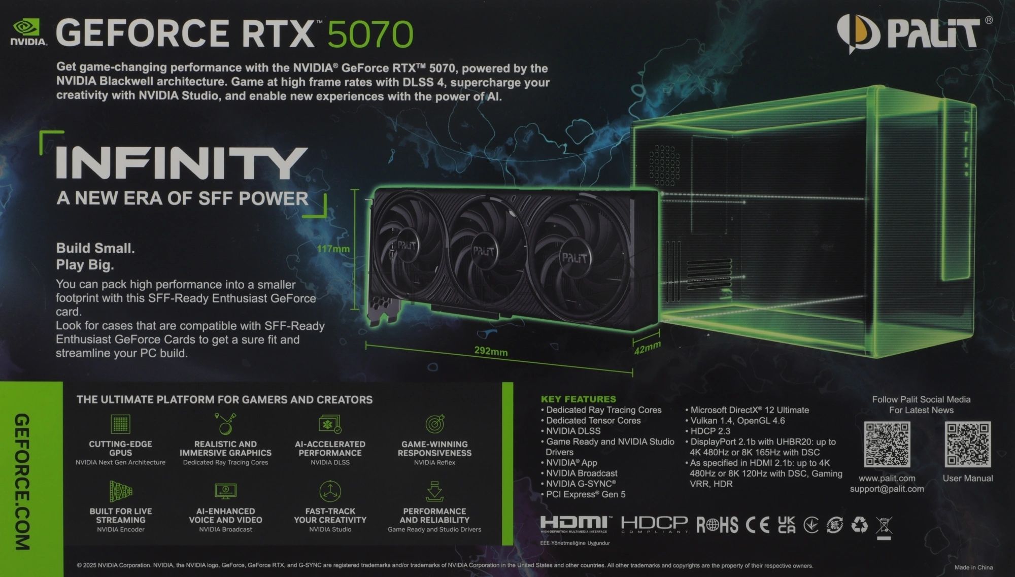 Видеокарта Palit GeForce RTX 5070 INFINITY 3, 12 GB GDDR7, 192 bit, 3xDisplayPort, HDMI, GPU 2325 MHz