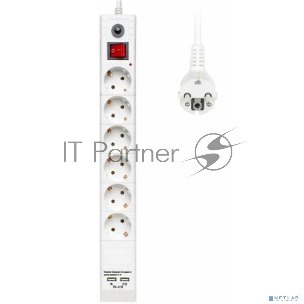 Сетевой фильтр Buro BU-SP3 USB 2A-W 3 м, 6 розеток, белый, коробка
