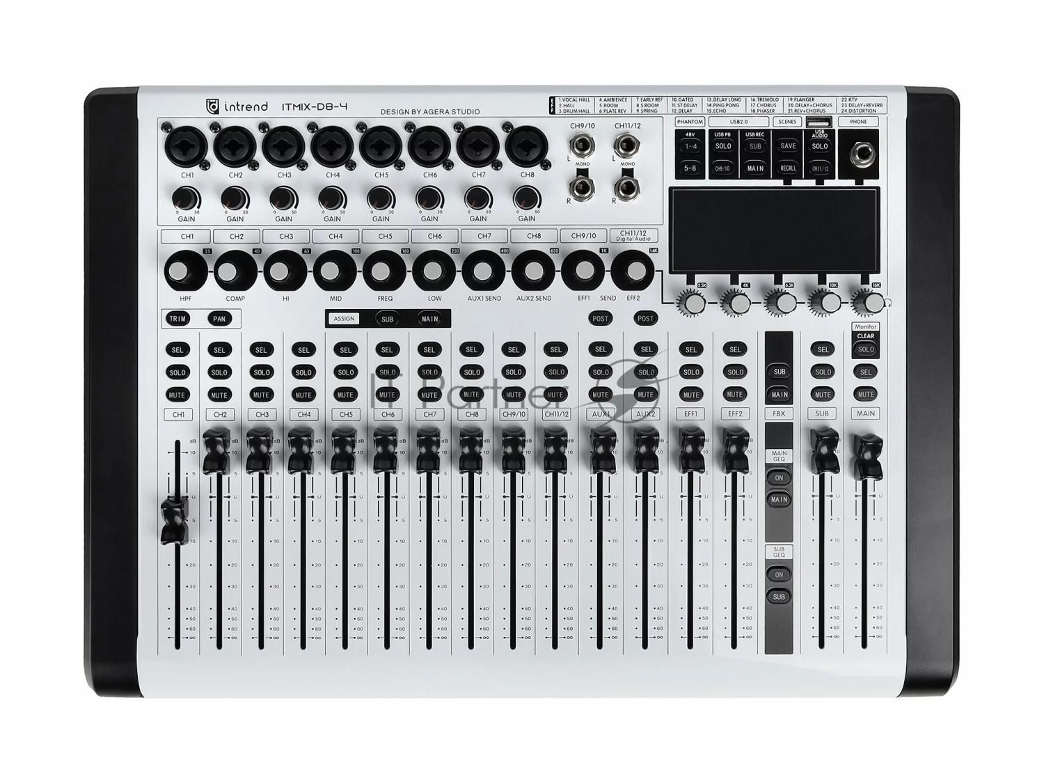 Микшер Intrend ITMIX-D8-4 цифровой, 12 входов (8 аналоговых, 1 стерео, 2 USB), 2 группы, Bluetooth, USB MP3 плеер