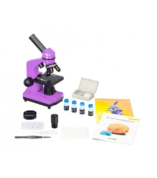 Микроскоп Levenhuk RAINBOW 2L AMETHYST/Аметист Микроскоп с предметным столиком, трехгнездным револьвером, фокусировочным механизмом, двумя источниками света с регулировкой яркости Монокулярная насадка Объективы: 4х, 10х, 40х, Увеличение микроскопа: 64-640