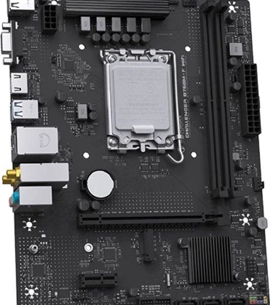 Материнская плата Maxsun Challenger B760M-F WIFI, LGA 1700, Intel B760, 2xDDR4, 3xSATA, 1xM.2, 1xPCIe 4.0 x16, 1xPCIe x1, 1xVGA, 1xHDMI, 1x1Gb LAN, Wi-Fi 5, Bluetooth 4.2, 2xUSB-A 5Gbps, 4xUSB-A 2.0, 3x3.5 мм, 7.1, чёрный, mATX