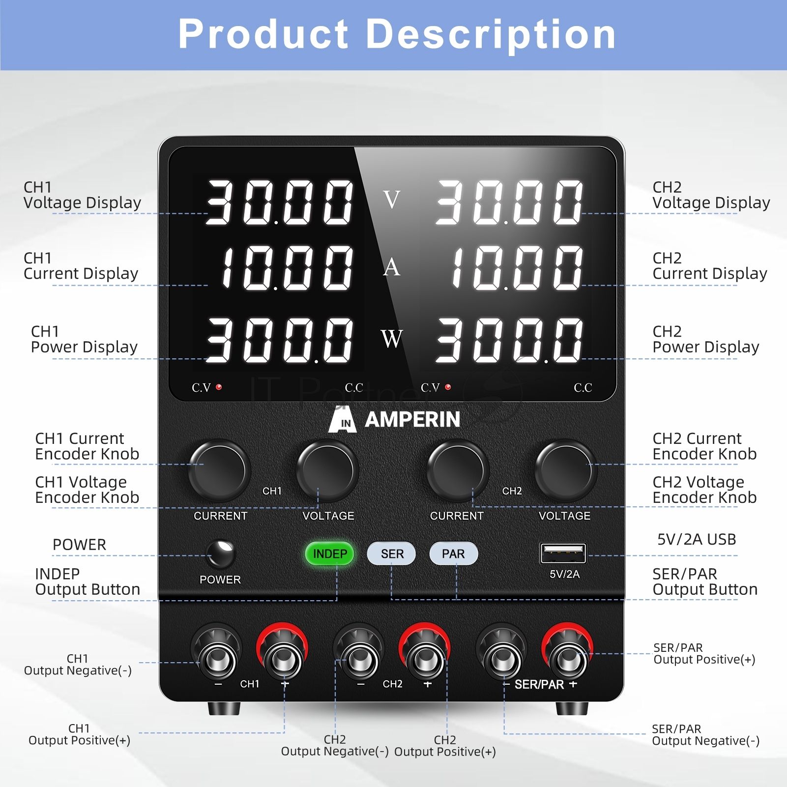 Лабораторный блок питания двухканальный Amperin AI-W3010x2C 30V, 10A, 0,6 кВт
