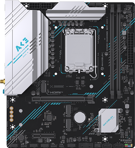 Материнская плата Maxsun MS-B760M GAMING WIFI ACE II, LGA1700, Intel B760, 2xDDR5, 2xSATA, 3xM.2, 1xPCIe 4.0 x16, 1xPCIe 4.0 x4, 2xHDMI, 1xDP, 1x2.5Gb LAN, Wi-Fi 6, Bluetooth 5.2, 1xUSB-C 10Gbps, 2xUSB-A 5Gbps, 2xUSB-A 2.0, 3x3.5 мм, 7.1, mATX