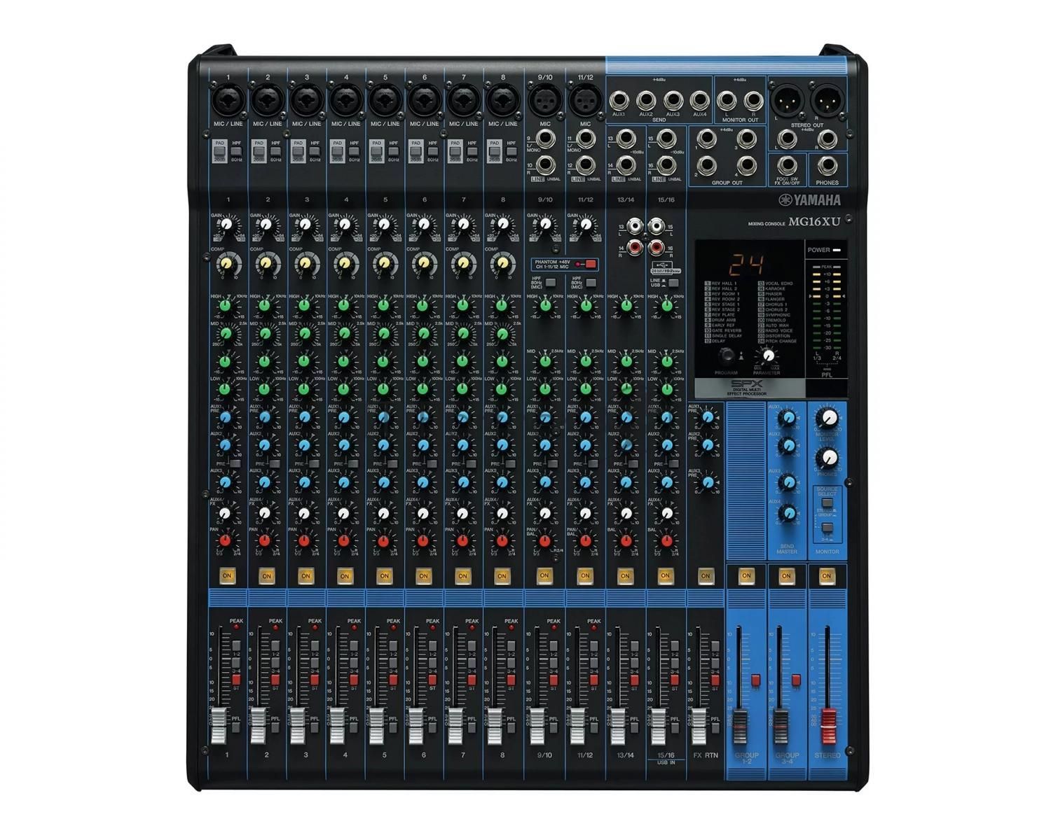 Пульт Yamaha [MG16XU] 16-канальный микшерный пульт: макс. 10 микрофонных/16 линейных входов (8 моно + 4 стерео)/4 групповые шины + 1 стереошина/4 шины AUX, Микрофонные предусилители D-PRE, Фантомное питание +48 В, эффекты: SPX с 24 программами, И