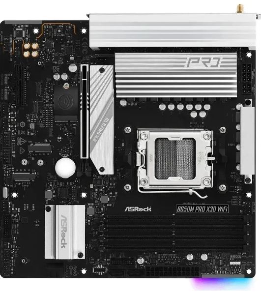 Материнская плата ASRock B650M Pro X3D WiFi, AM5, AMD B650, 4xDDR5, 4xSATA, 3xM.2, 1xPCIe 5.0 x16, 1xPCIe 4.0 x4, 1xHDMI, 1xDP, 1x2.5Gb LAN, Wi-Fi 6E, Bluetooth 5.2, 1xUSB-C 10Gbps, 1xUSB-A 10Gbps, 2xUSB-A 5Gbps, 4xUSB-A 2.0, 3x3.5 мм, 7.1, mATX