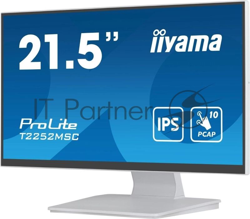 Монитор 21.5" Iiyama ProLite T2252MSC-W2 IPS 1920x1080, 75 Гц, 5 мс, 16:9, 250 кд/м², HDMI 1.4, DP 1.2, USB Hub, сенсорный экран, динамики (2x1 Вт), белый