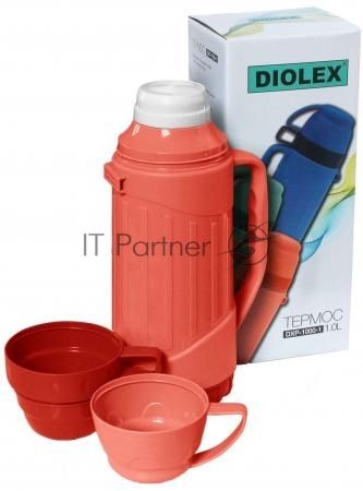 Термос Diolex DXP-1000-R 1000 мл, красный, пластиковый со стеклянной колбой с ручкой для переноски