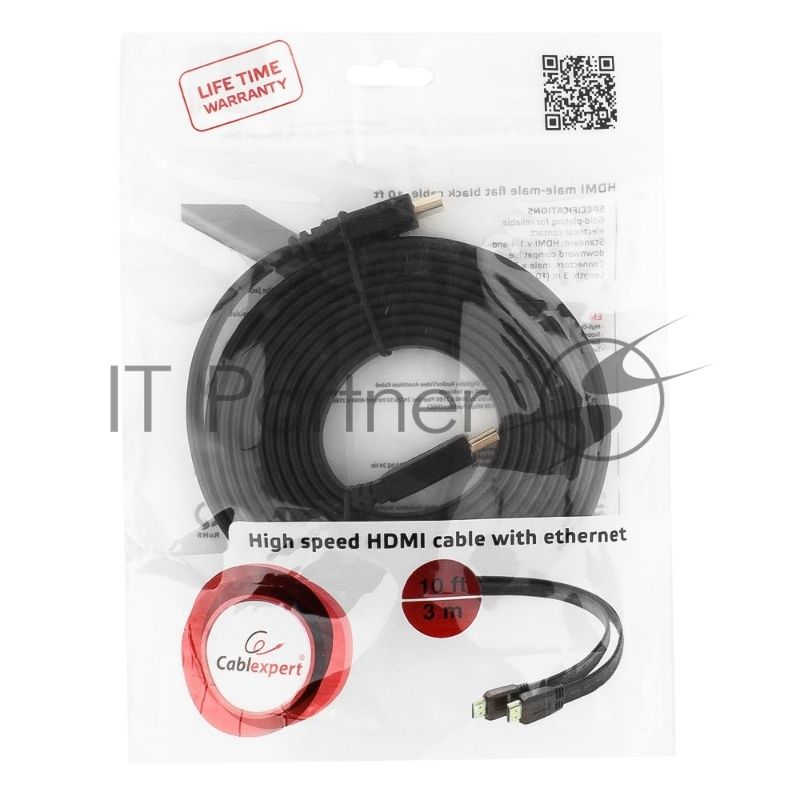 Кабель Cablexpert HDMI CC-HDMI4F-10, 19M/19M, v2.0, медь, позол.разъемы, экран, плоский кабель, 3м, черный, пакет