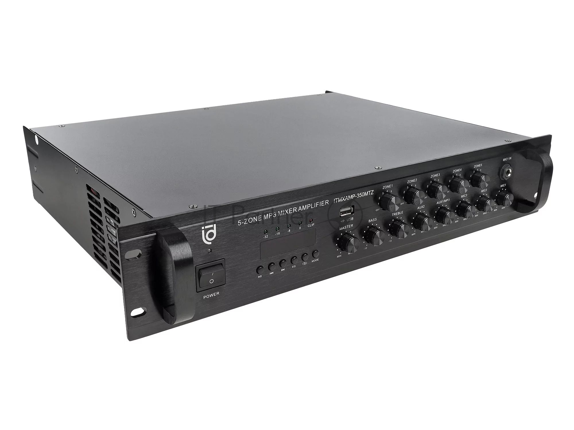 Микшер-усилитель Intrend ITMXAMP-350MTZ зональный, 5 зон. MP3, FM-тюнер, USB, Bluetooth, 3хMic/2хLine входы, 1хLine выход, 350 Вт, 4-16 Ом/100V, IR-пульт в комплекте