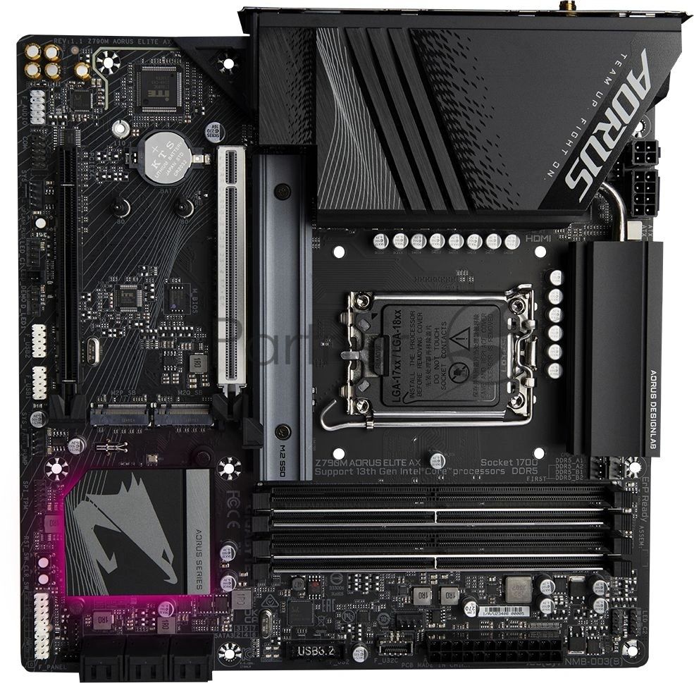 Материнская плата Gigabyte Z790M AORUS ELITE AX, LGA1700, Intel Z790, 4xDDR5, 6xSATA, 3xM.2, 1xPCIe 5.0 x16, 1xPCIe 4.0 x4, 1xHDMI, 1xDisplayPort, 1x 2.5Gb LAN, 1xUSB 3.2 Gen 2x2 Type-C, 1xUSB 3.2 Gen 2, 4xUSB 3.2 Gen 1, 4xUSB 2.0, 2x3.5 мм, 7.1, microATX