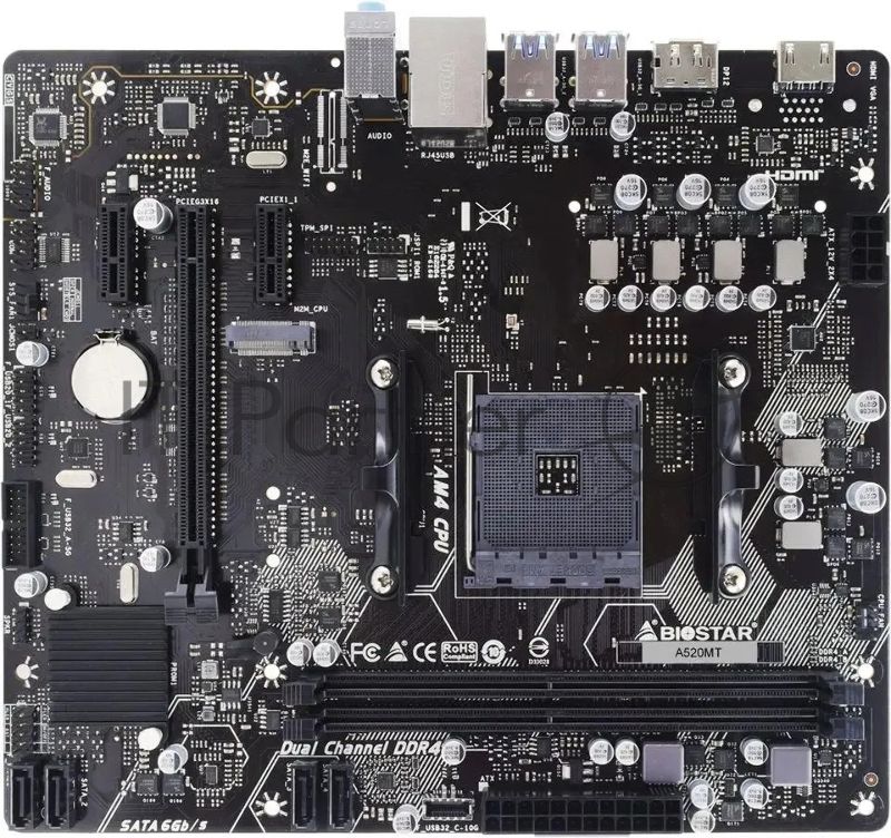 Материнская плата Biostar A520MT, Socket AM4, AMD A520, 2xDDR4, 4xSATA, 1xPCI-E 3.0 x16, 2xPCI-E x1, 1xM.2 PCIe 3.0 x4/SATA III, 1xHDMI, 1xDisplayPort, 1x 1Gb LAN, 2xUSB-A 2.0, 4xUSB-A 3.2 Gen 1, 3x3.5мм, 7.1, mATX