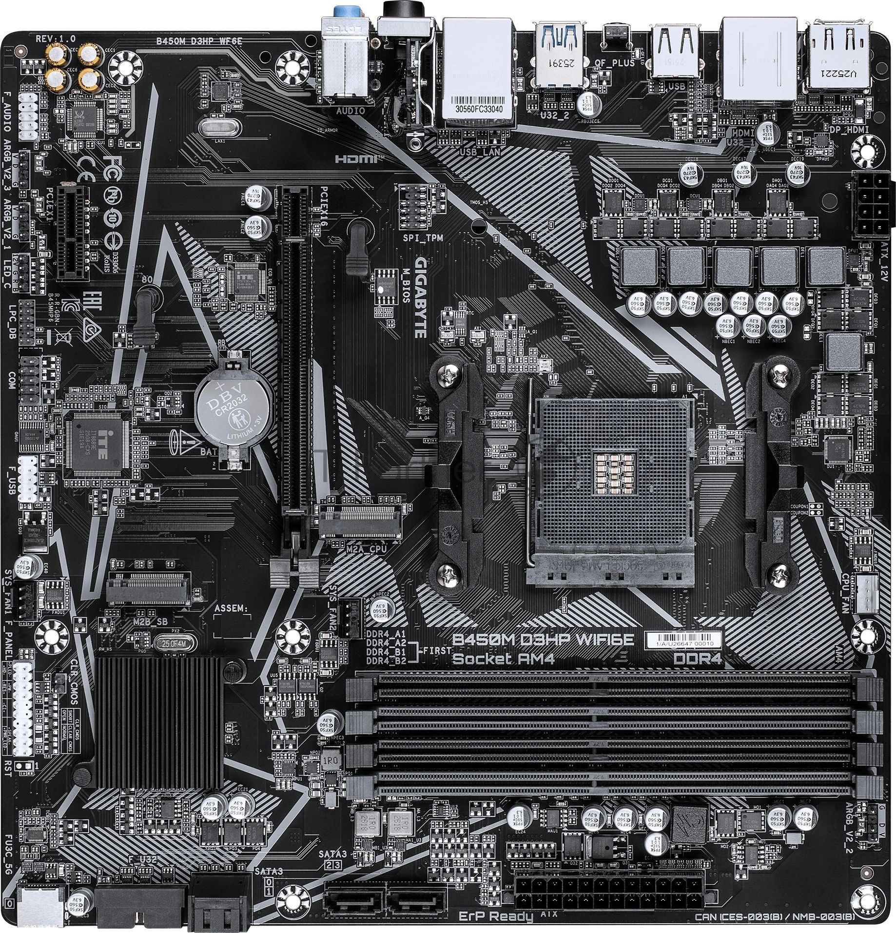Материнская плата Gigabyte B450M D3HP WIFI6E, AM4, AMD B450, 4xDDR4, 4xSATA 6Gb/s, 2xM.2, 1xPCIe 3.0 x16, 1xPCIe 2.0 x1, 2xHDMI, 1xDisplayPort, 1x1Gb LAN, 4xUSB 3.2 Gen 1, 3xUSB 2.0, 3x3.5 мм, 7.1, microATX