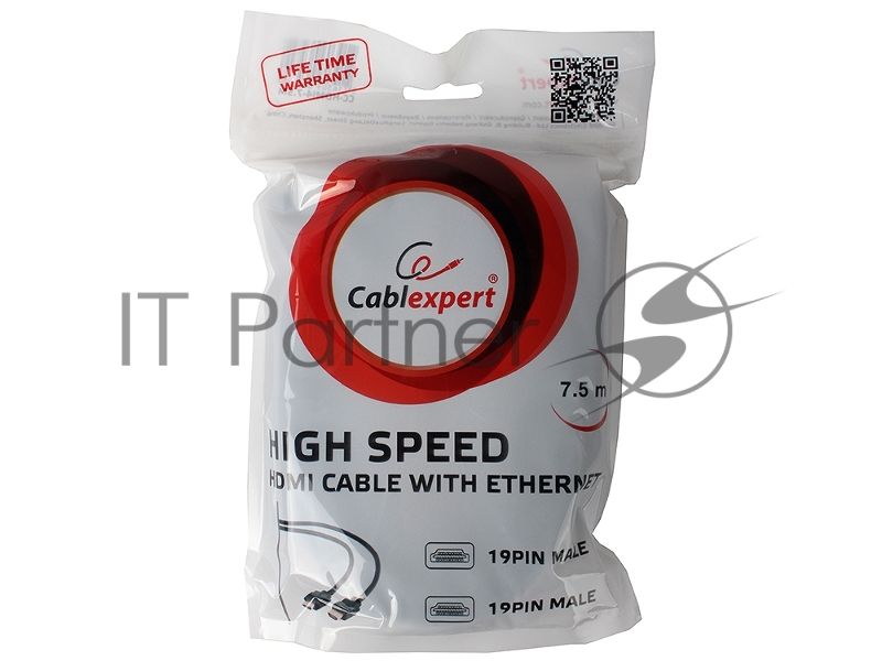 Кабель Cablexpert HDMI CC-HDMI4-7.5M, 19M/19M, v2.0, медь, позол.разъемы, экран, 7.5м, черный, пакет