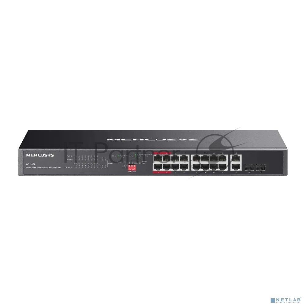 Коммутатор Mercusys MS120GP, 16×1 Гбит/с PoE + 2×1 Гбит/с + 2×1 Гбит/с SFP, неуправляемый