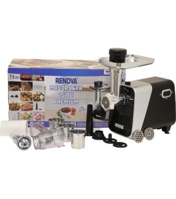 Мясорубка электрическая Renova MG260-R1BP черный, 2600 Вт, 2.5 кг/мин, реверс, защита от перегрузки, металлический лоток, насадки - 7