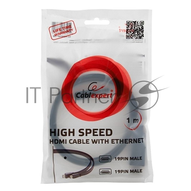 Кабель Cablexpert HDMI CC-HDMI490-15, 19M/19M, v2.0, медь, позол.разъемы, экран, плоский кабель, 1м, черный, пакет