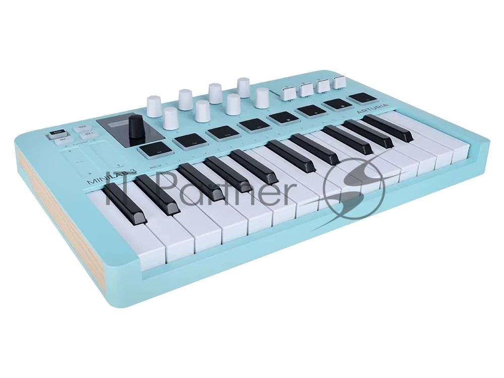 Клавиатура MIDI 231599 Arturia MiniLAB 3 Aquamarine 25 клавиш, 8 энкодеров, 8 RGB пэдов, 8 фейдеров, дисплей, сенсорные регуляторы Pitch/Modulation, MIDI-выход, 1/4" Jack вход педали, режим Chord, арпеджиатор, USB-C