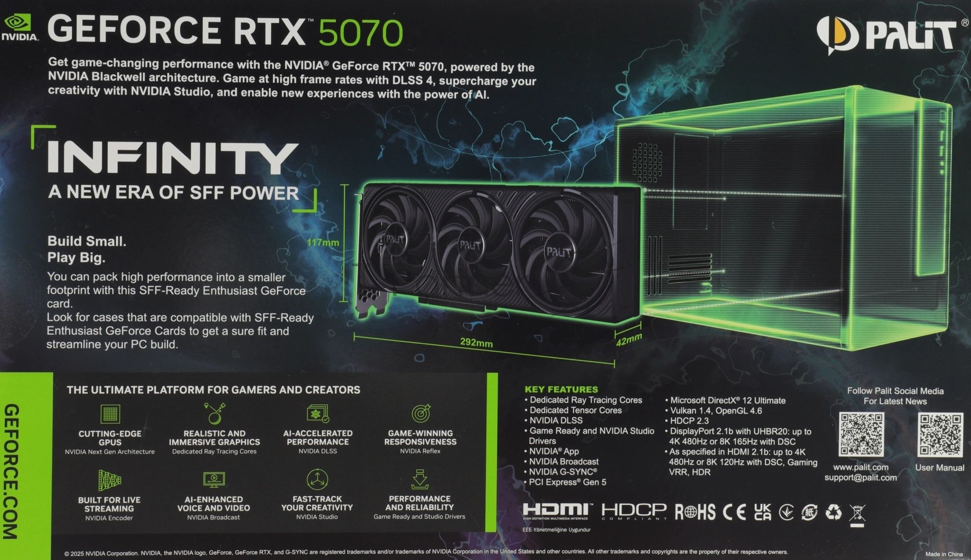 Видеокарта Palit GeForce RTX 5070 INFINITY 3 OC, 12 GB GDDR7, 192 bit, 3xDisplayPort, HDMI, GPU 2325 MHz
