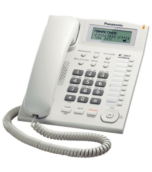 Телефон проводной Panasonic KX-TS2388RUW белый индикатор вызова,повторный набор последнего номера,4 уровня громкости звонка