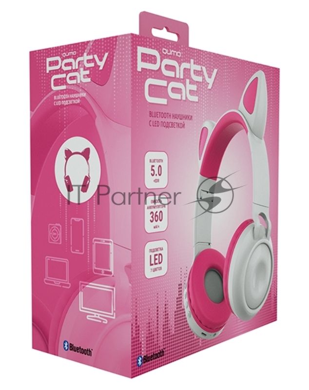 Беспроводные/проводные наушники Qumo Party Cat BT 0025 бело-розовый, накладные, Bluetooth + проводной, кошачьи ушки, до 7 ч
