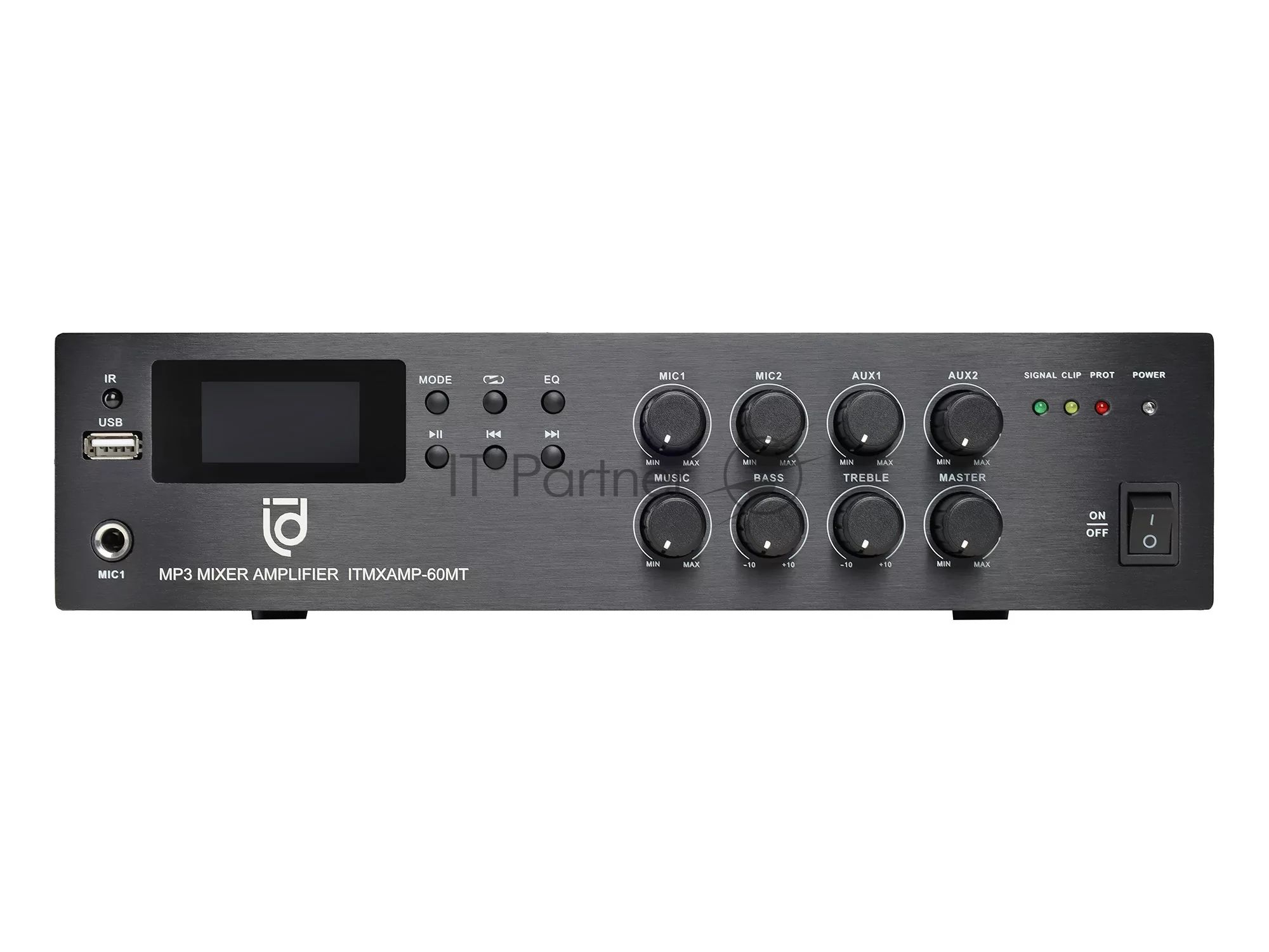 Микшер-усилитель Intrend ITMXAMP-60MT MP3, FM тюнер, USB, Bluetooth, 2хMic/3хLine входы, 1хLine выход,60 Вт, 4/8Ом/100V, IR-пульт в комплекте