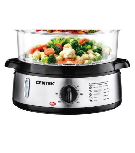 Пароварка Centek CT-1457 серебристый, 9 л, ярусы - 3, 800 Вт, механическое
