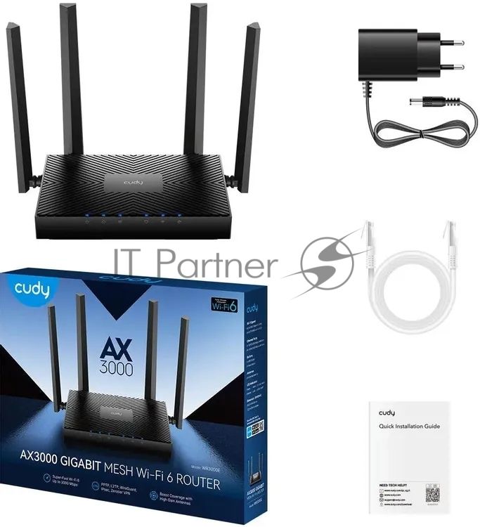 Роутер беспроводной Cudy WR3000E 2.0 Гигабитный роутер Wi-Fi 6 AX3000, 2,4/5 ГГц, до 2976 Мбит/с, 5x1 Гбит/с, IPv6, 4 антенны, черный