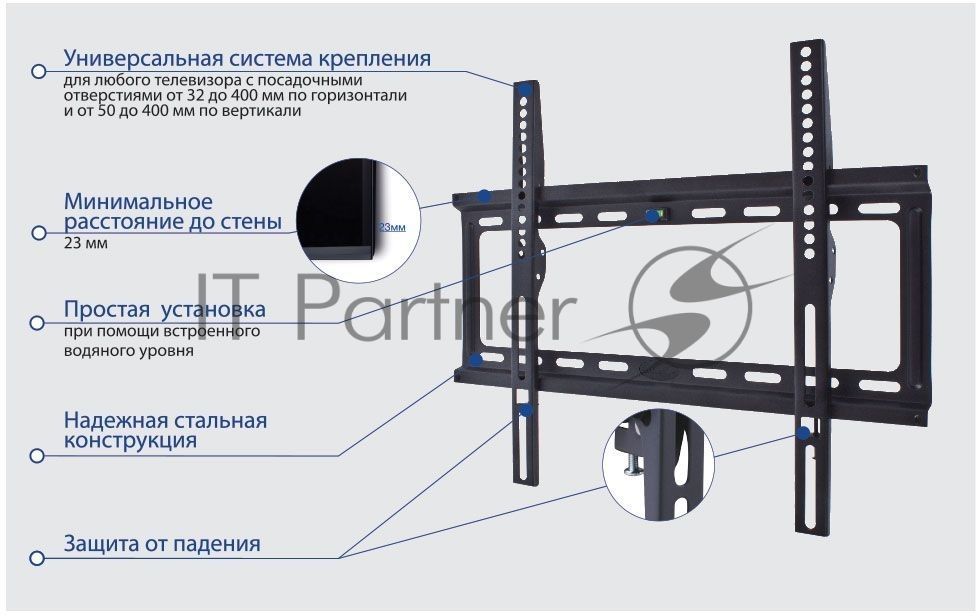 Крепеж Kromax IDEAL-3 new white, Кр. стал. наст. для TV 22"-65", max 50 кг, 0 ст св., от ст. 23 мм, max VESA 400x400 мм.