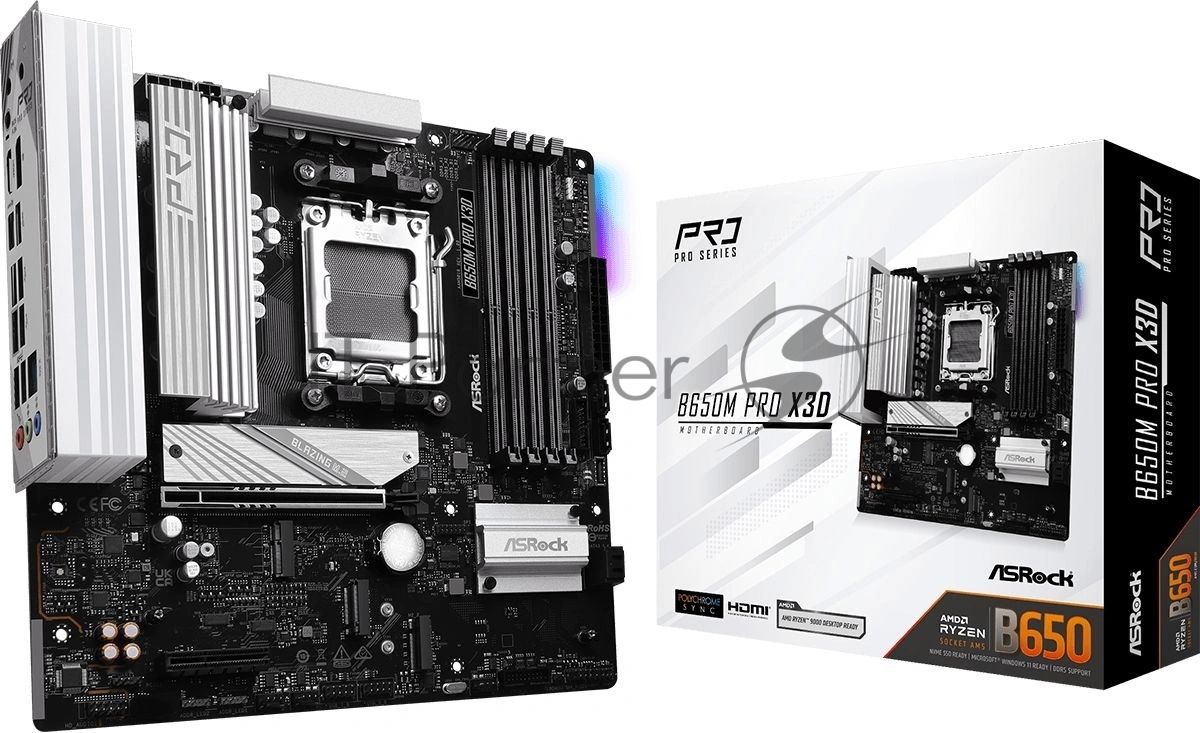 Материнская плата ASRock B650M Pro X3D, AM5, AMD B650, 4xDDR5, 4xSATA, 3xM.2, 1xPCIe 5.0 x16, 1xPCIe 4.0 x4, 1xHDMI, 1xDP, 1x2.5Gb LAN, 1xUSB-C 10Gbps, 1xUSB-A 10Gbps, 2xUSB-A 5Gbps, 4xUSB-A 2.0, 3x3.5 мм, 7.1, mATX