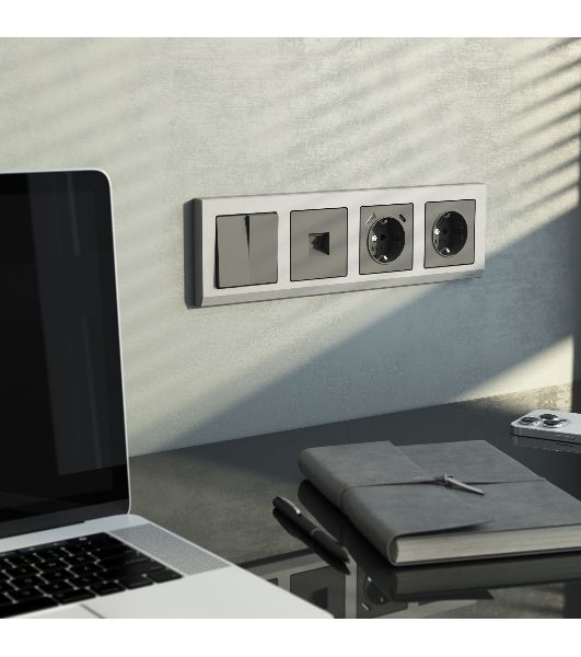 Розетка с заземлением, шторками и USB тип A+C  (графит матовый)