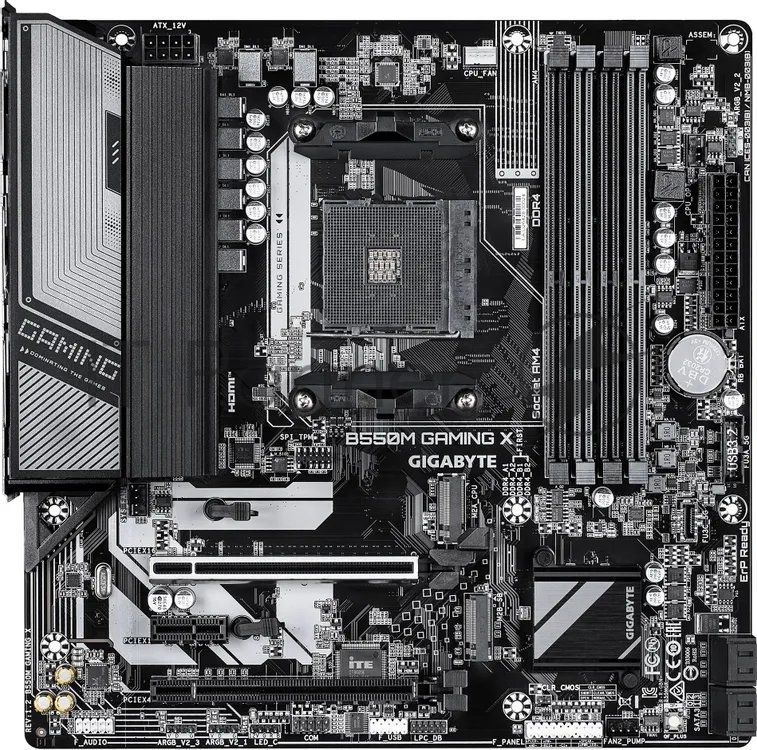 Материнская плата Gigabyte B550M GAMING X, AM4, AMD B550, 4xDDR4, 4xSATA, 2xM.2 PCIe 4.0/3.0, 1xPCIe 4.0 x16, 1xPCIe 3.0 x16 (x4), 1xPCIe 3.0 x1, 1xHDMI, 1xDisplayPort, 1x1Gb LAN, 4xUSB 3.2 Gen1, 2xUSB 2.0, 3x3.5 мм, 7.1, microATX
