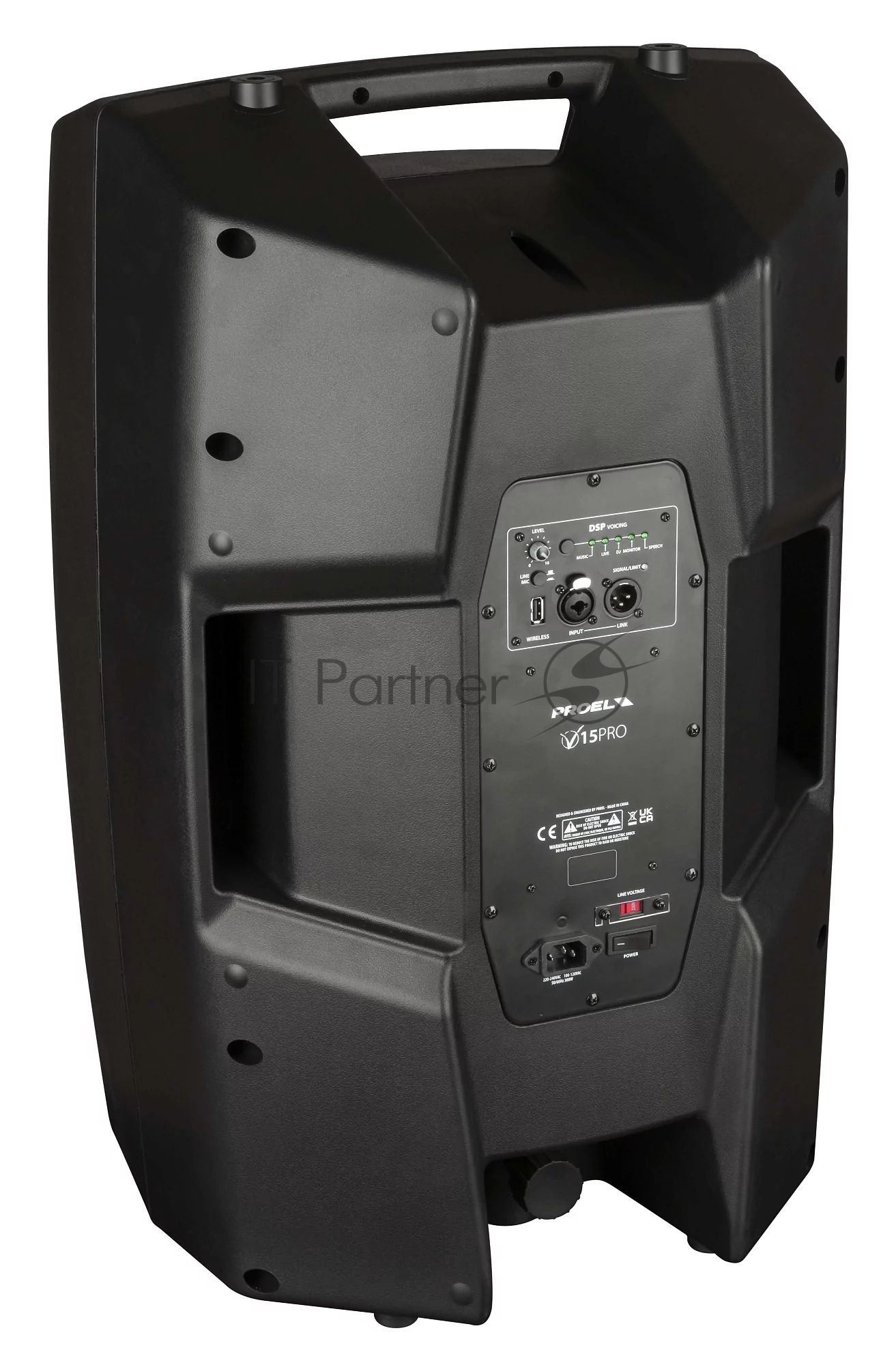 Активная акустическая система PROEL V15PRO 2-х полосная, НЧ динамик 15", ВЧ динамик 1", DSP, мощность пик./ном. 600/300 Вт, АЧХ 45-20000 Гц, макс. SPL 126 дБ, Combo XLR/TRS мик./лин. вход, XLR лин. выход, USB-A порт для радиосистем U24B/U24H