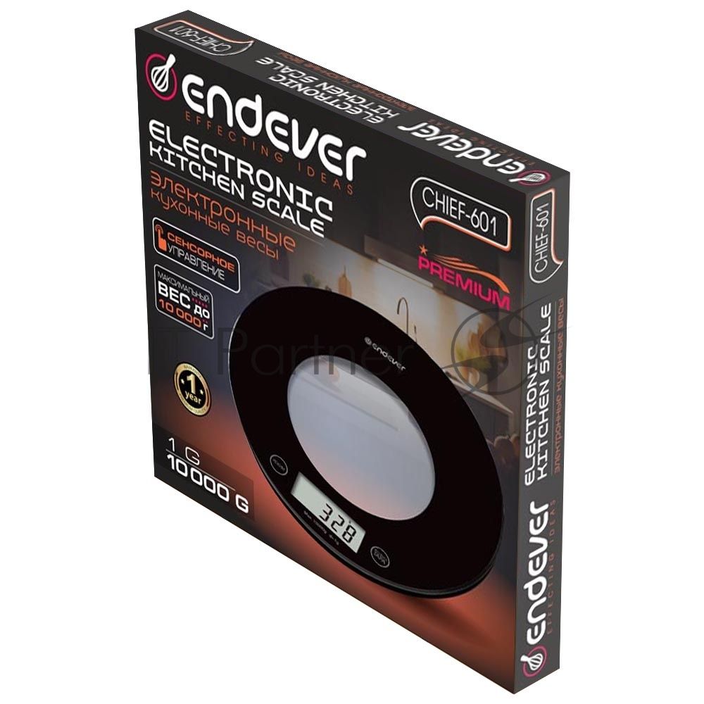 Весы кухонные электронные Endever Chief-601, черный, вес от 5 г до 5 кг, LCD-дисплей,закаленное стекло, 20 шт./уп.