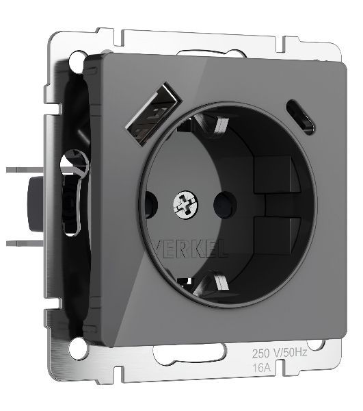 Розетка с заземлением, шторками и USB тип A+C (графит акрил)