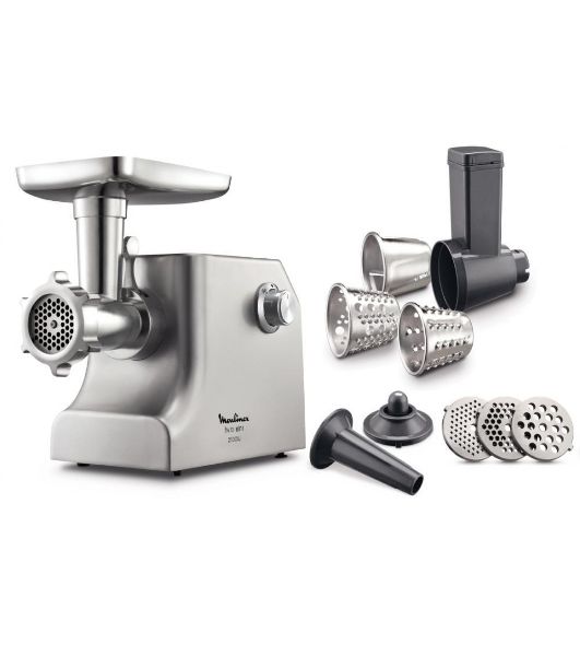 Мясорубка электрическая Moulinex ME858D32 серебристый, 2100 Вт, 5.5 кг/мин, реверс, защита от перегрузки, насадки - 8