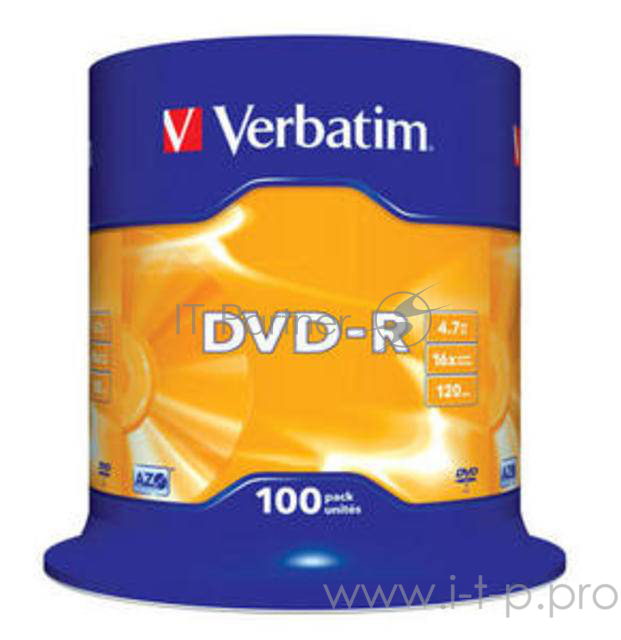 Диск DVD-R Verbatim 4.7Gb 16x Cake Box (100шт) (43549)