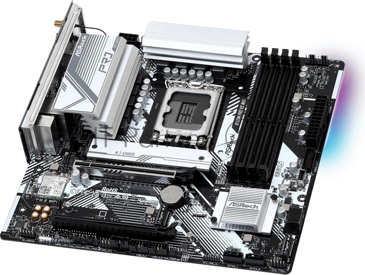 Материнская плата ASRock B760M Pro RS WiFi, LGA 1700, Intel B760, 4xDDR5, 4xSATA, 3xM.2, 1xPCIe 5.0 x16, 1xPCIe 3.0 x16, 1xHDMI, 1xDP, 1x2.5Gb LAN, Wi-Fi 6E, Bluetooth 5.3, 1xUSB-C 5Gbps, 3xUSB-A 5Gbps, 2xUSB-A 2.0, 3x3.5 мм, 7.1, mATX