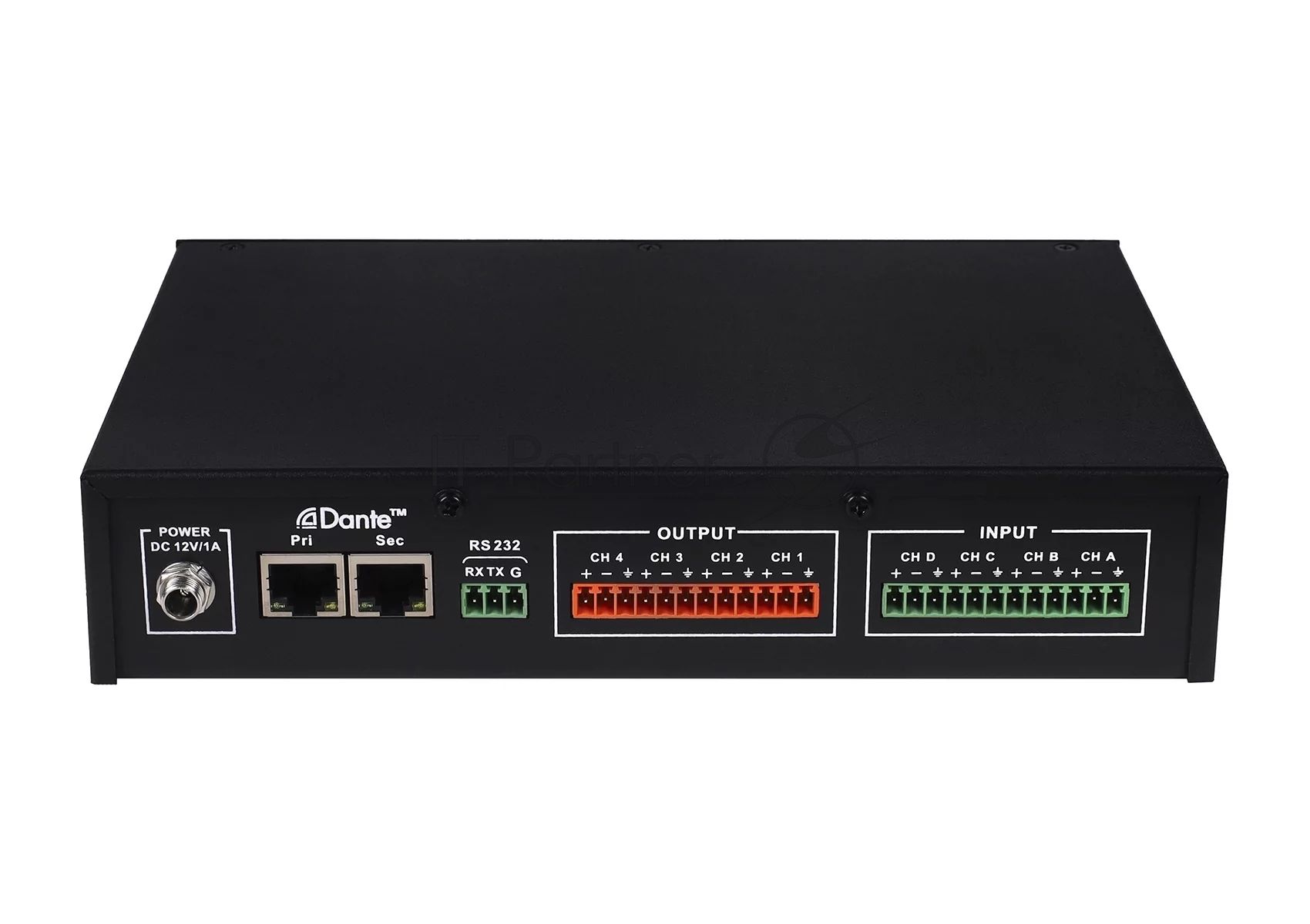 Конвертор Intrend ITDAN-PTR44 Dante - аналог. 4 входа/4 выхода phoenix, 2xRJ45(Dante). встроенный аудиопроцессор (gain, phantom power, mute). Управление ethernet/RS232. Питание 12V