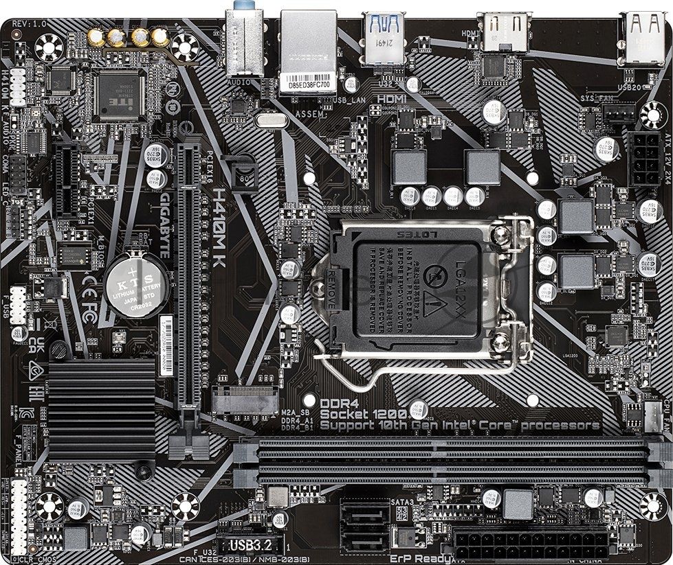 Материнская плата Gigabyte H410M K, LGA1200, Intel H470, 2xDDR4, 2xSATA 6Gb/s, 1xM.2, 1xPCIe 3.0 x16, 1xPCIe 3.0 x1, 1xHDMI, 1x 1Gb LAN, 2xUSB 3.2 Gen 1, 4xUSB 2.0, 3x3.5 мм, 7.1, microATX